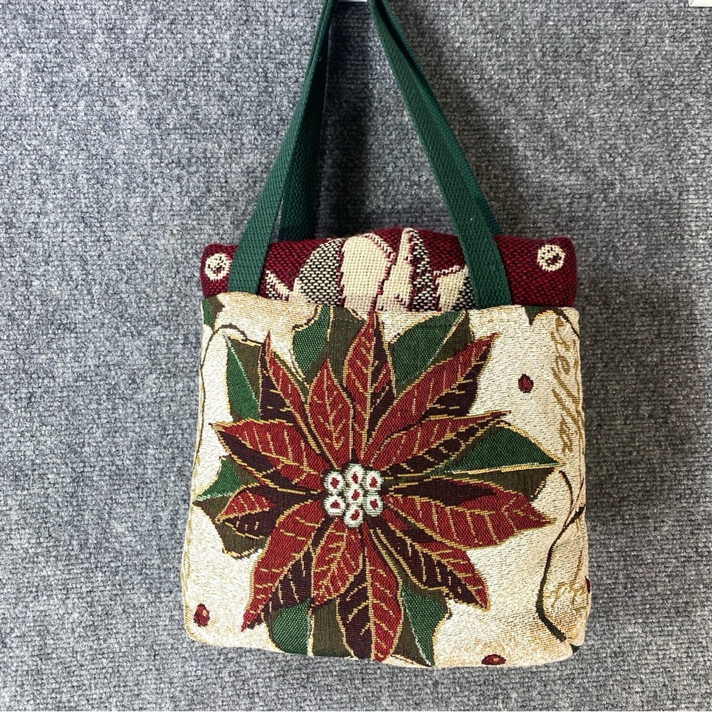VINTAGE Christmas Woven Throw Blanket Poinsettia Holly Fringe Matching Tote Bag